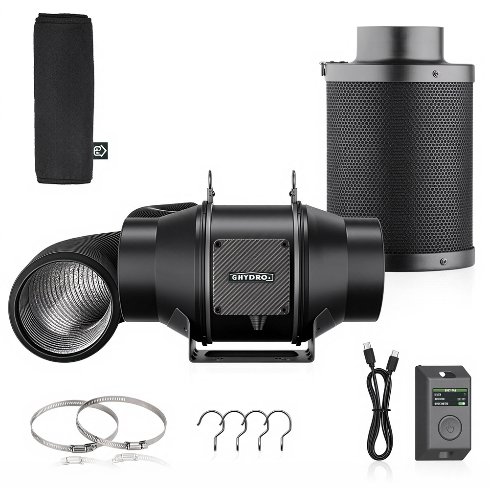Kit di ventilazione con ventilatore da condotto in linea da 6 pollici, ventilatore EC silenzioso da 402 CFM con regolatore di velocità LCD, filtro al carbone e condotto flessibile per coltivazione idroponica in tenda